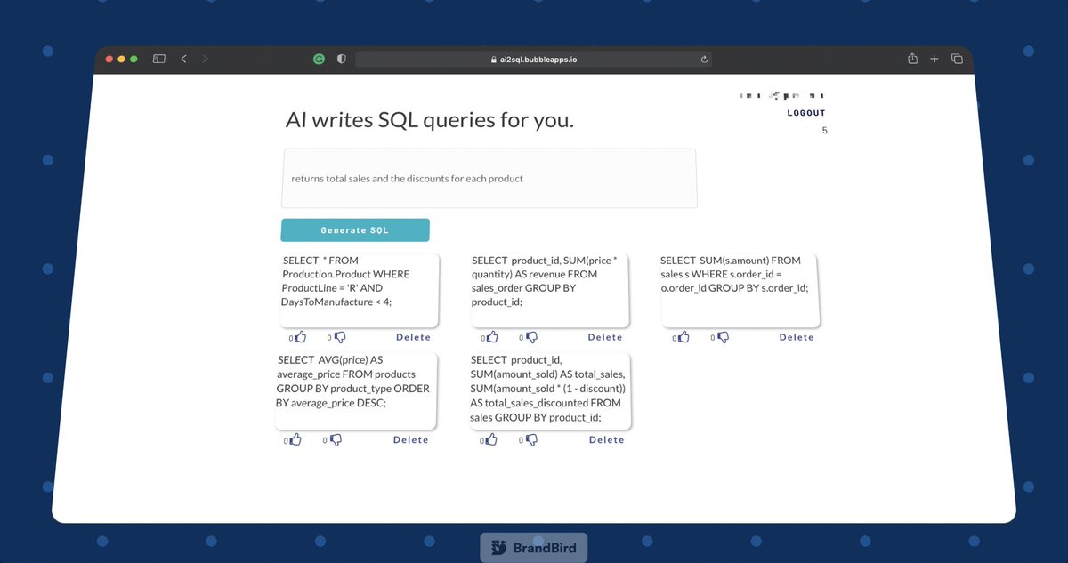 mustafaergisi's tweet image. I’m excited to announce our brand-new app🚀, which has a revolutionary way of generating #SQL queries. Our AI-powered tool will make it easy to create SQL statements and queries in seconds.
Sign up for early access👉🏻ai2sql.softr.app
Learn more in the thread 🧵👇🏻