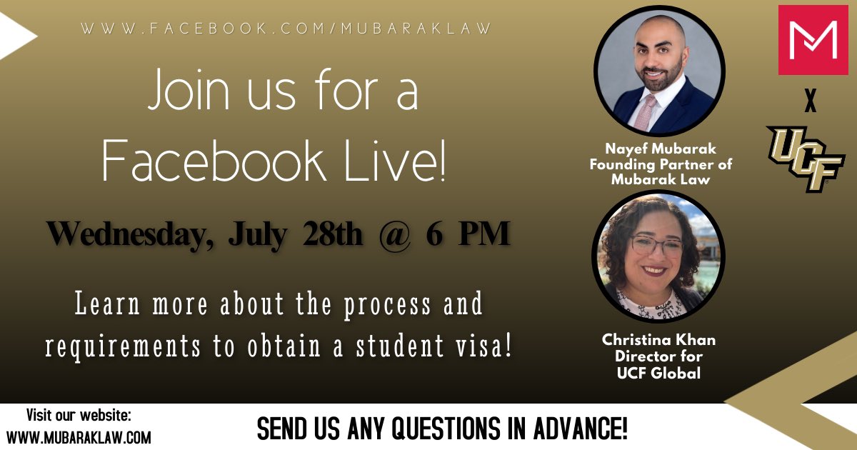 Mubarak_Law's tweet photo. Mubarak Law ⚔️ UCF 

Join us TOMORROW @ 6PM for a Facebook Live! We will discuss the topic of student visas with a special guest from the UCF Global Program, Christina! 

#MubarakLaw #Immigration #PersonalInjury #CarAccidents #F1 #StudentVisas #UCF #InternationalStudents #LawBoss https://t.co/SSXDtcyhai