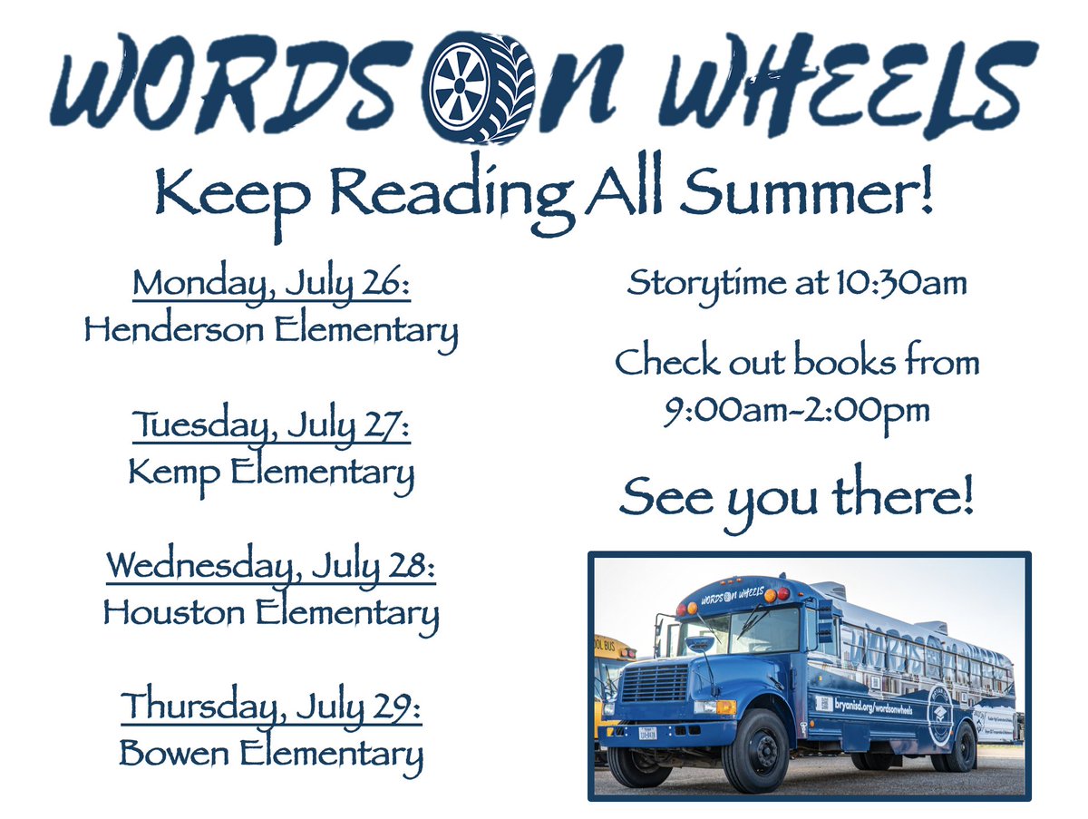 BISD_Libraries's tweet photo. Fun things are happening at #BISDWordsOnWheels today!  Stop by and see us @Kemp_BISD today! Check out some books, hear a story, or use a Chromebook. @aliboggan #ReadAllSummer @BISD_ITech @BryanISD https://t.co/UoZpIfEbnq