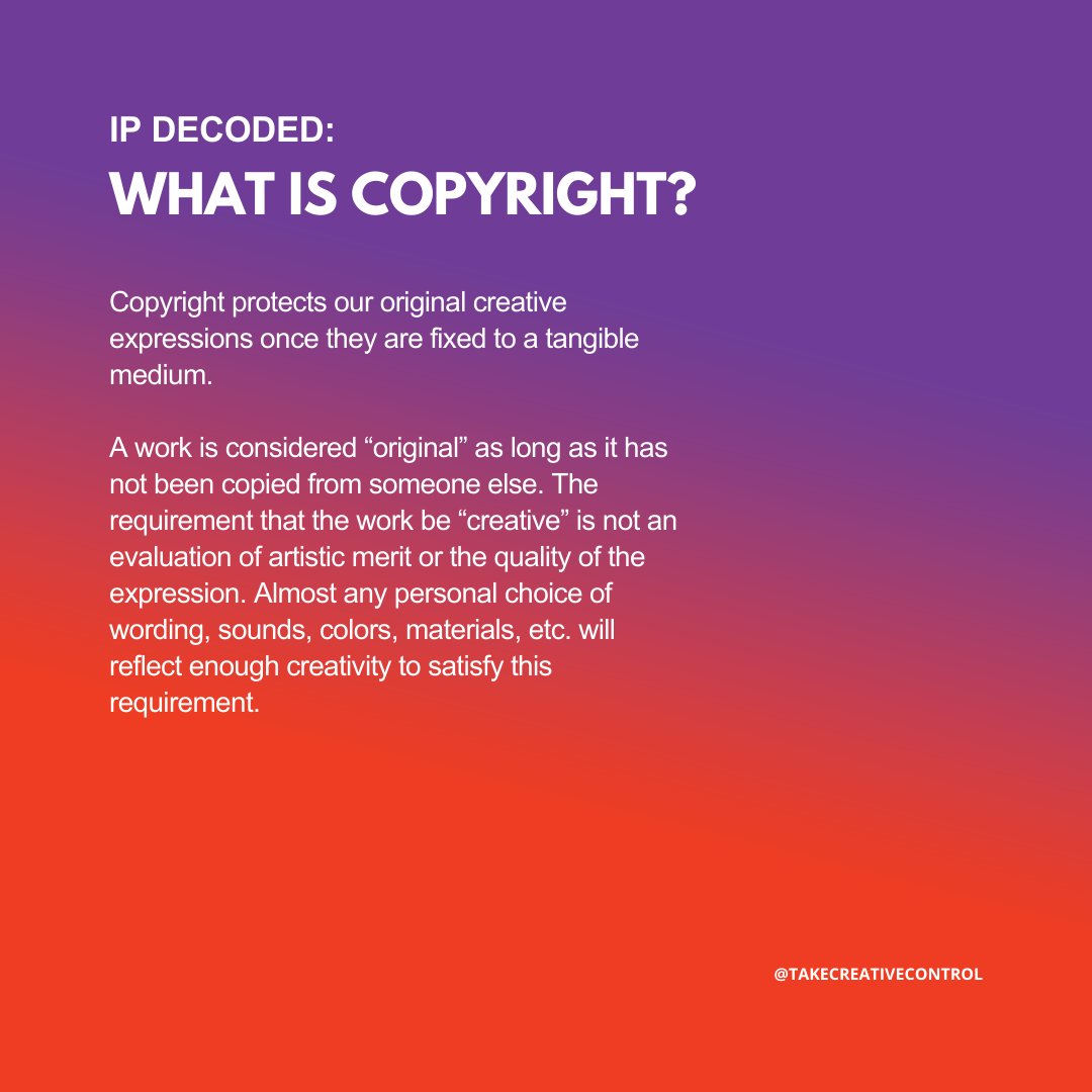 creativeC0NTR0L's tweet photo. We're decoding IP for you (for free): What is copyright?
https://t.co/rl263LDUs1
#TakeCreativeControl #TCC #creativecontrol #creatorsofcolor #copyright #attorney #intellectualproperty https://t.co/TEq0M8X0Qd