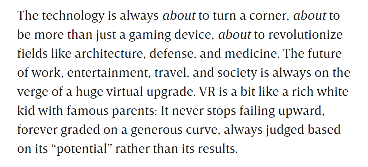 kentbye's tweet photo. This "VR has failed to live up to expectations" WIRED article by @davekarpf is completely out of touch with what's actually happening in the VR industry.
No mention of Beat Saber/VR exercise, RecRoom, VRChat, VR medicine, enterprise apps or the implications of embodied cognition. https://t.co/EqOehf0qeI