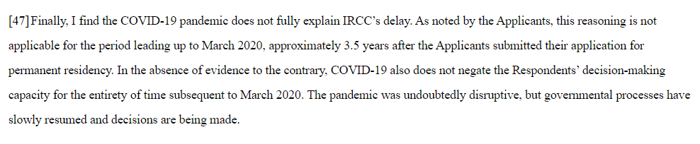 smeurrens's tweet photo. Federal Court grants mandamus, determines that IRCC did not sufficiently explain why COVID-19 caused a delay, and also finds that IRCC misled the applicant and the court about status of background checks. IRCC also ordered to pay the applicants $1,500. https://t.co/yxjZ7jxw9d https://t.co/ZwnjssYhJD