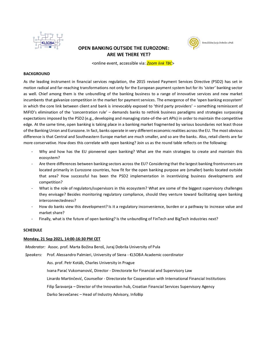 Save the date! 
Another event in the framework of the €LSOBA Project
OPEN BANKING OUTSIDE THE EUROZONE: ARE WE THERE YET?
Monday, 21 Sep 2021, 2-4:30 PM (CEST)
#elsoba #openbanking