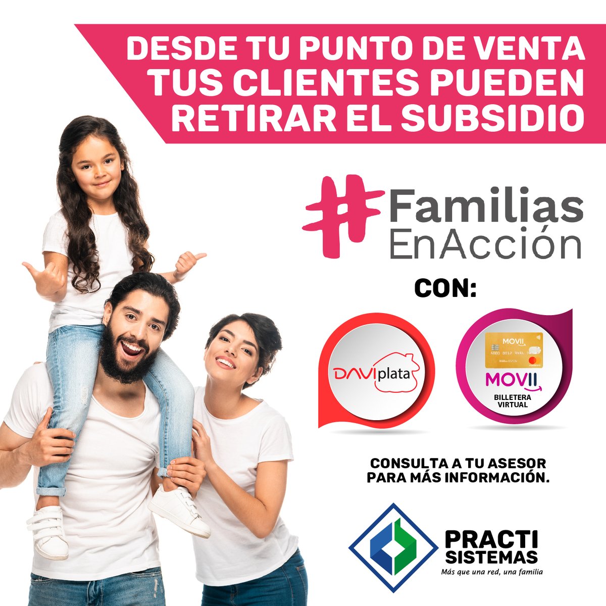 somospracti's tweet photo. Recuerda que desde tu punto de venta tus clientes pueden reclamar el subsidio familias en acción. 💵👨‍👩‍👧‍👦
Si aún no has activado este servicio hazlo ahora, ¡Qué esperas?
Haz clic aquí: https://t.co/S2g4yFmESU
#Somosmasquerecargas #FamiliasEnAcción #Daviplata #Movii https://t.co/v3TapV5fgn