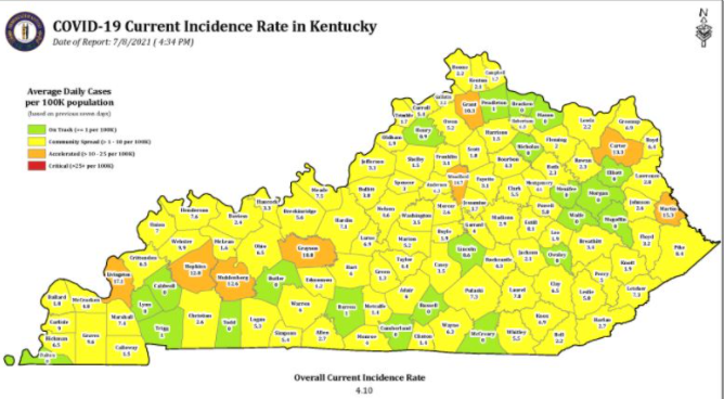 joesonka's tweet photo. 19 days ago Kentucky had no "red" counties (incidence rate >25) and 112 counties under 10.

Yesterday Kentucky had 23 red counties and just 33 under 10, as statewide incidence rate has multiplied by 4. https://t.co/4znG7T2KRK