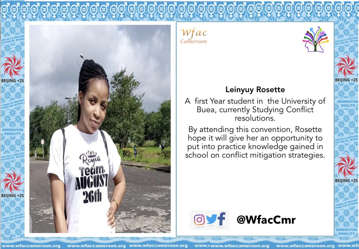 WfacCmr's tweet photo. Check out our Participants' Profiles👇🏾 who ll be attending the #Cameroon Women Peace 🕊 Convention this week in #Yaounde.  We R indeed happy that we provided space to young womn to witness 1st hand &amp; be part of such historic women's journey calling for peace in the country. https://t.co/3TFSSUw5Xw