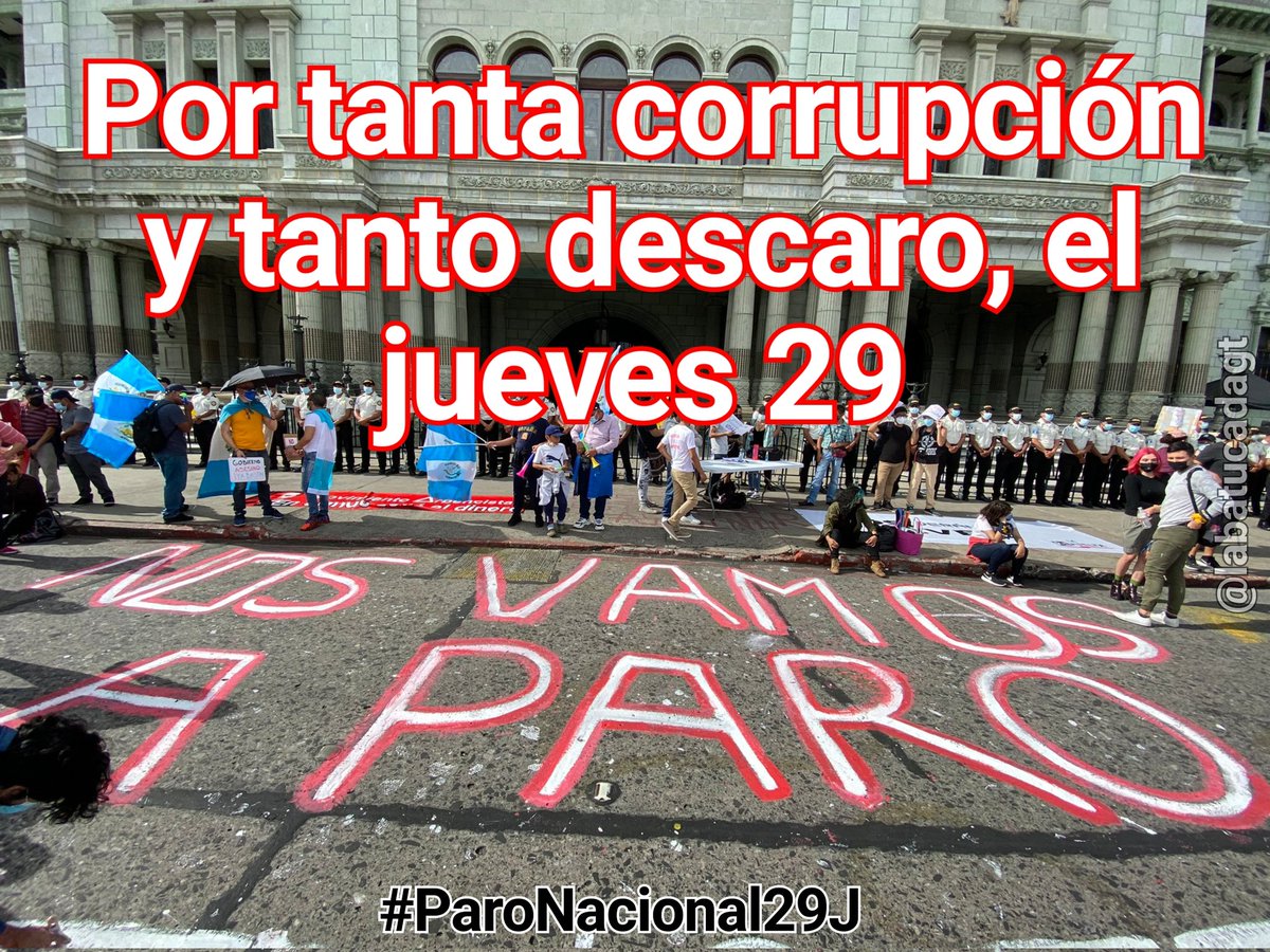 Es el momento de levantarse y poner un alto a la corrupción, robos descarados y abusos de autoridad.
Este jueves, a unirse al #ParoNacional29J #ParoNacionalGt #RenunciaYaGiammattei #RenunciaGiammattei #FueraDesConsuelo