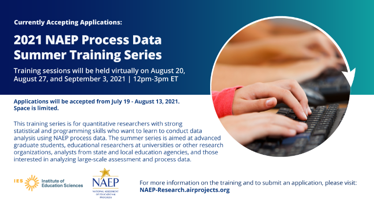 Are you an #EdResearch professional or grad student interested in analyzing large-scale assessment #data?

<a href="/NAEP_NCES/">NAEP, The Nation's Report Card</a> is accepting applications until August 13 for their #ProcessData Summer Training Series, held later this summer. Apply TODAY: naep-research.airprojects.org #EdChat