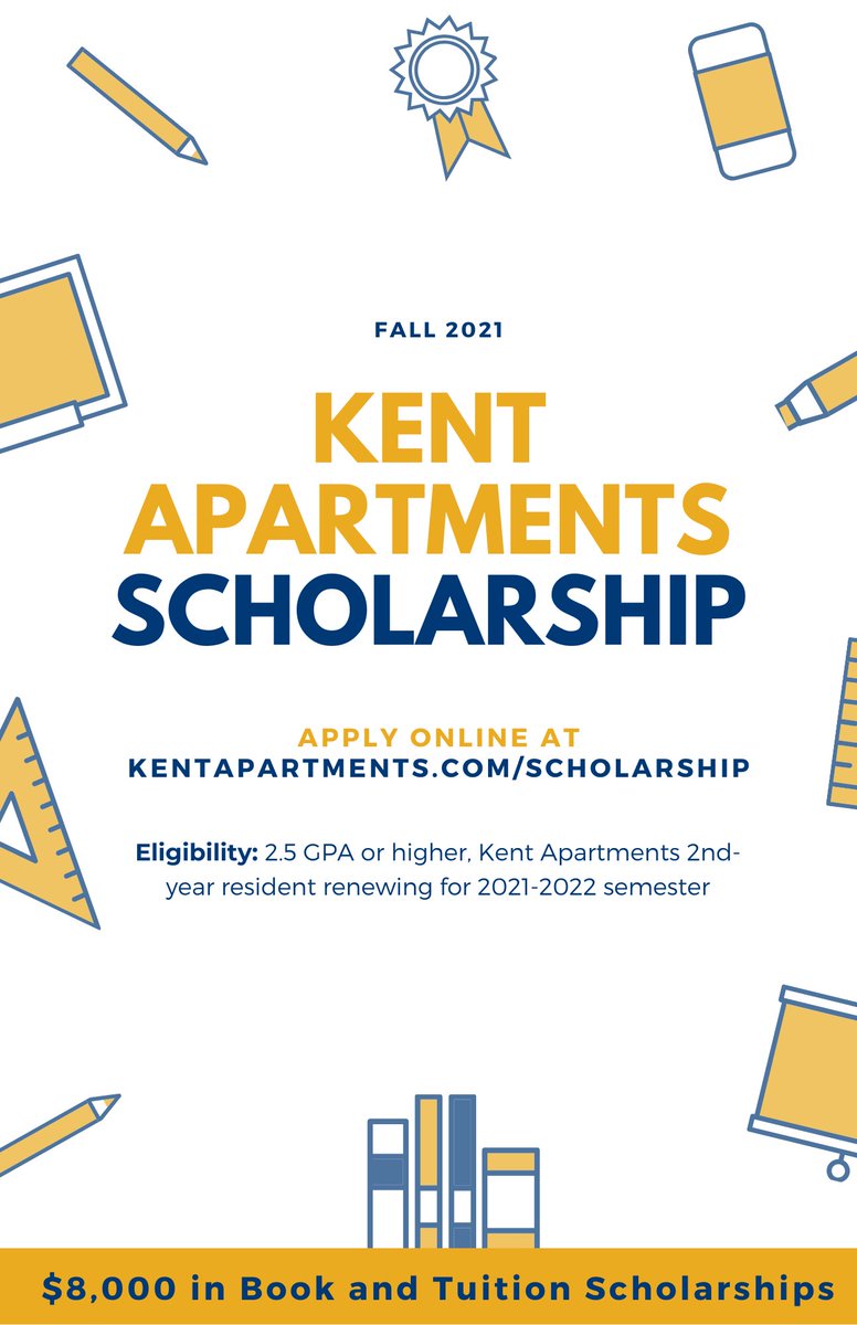 KentApartments's tweet photo. Hey, Kent State student residents! Don’t miss out on the final days to apply for the Kent Apartments book and tuition scholarship! Visit https://t.co/i23tPzMxjK today! https://t.co/dWBmYsPovb