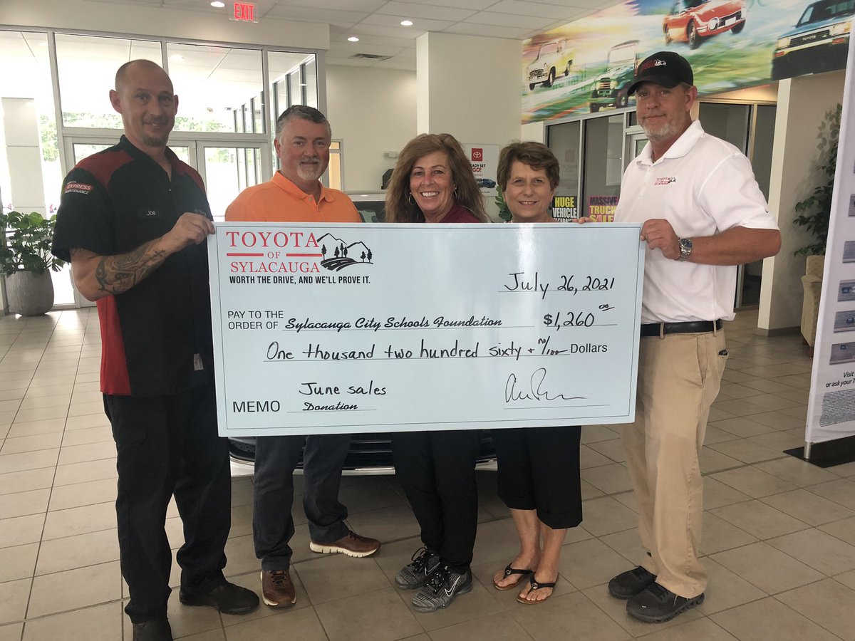 FoundationSCS's tweet photo. This partnership with Toyota of Sylacauga is unsurpassed! For every new car sold, they contribute $30 to the Sylacauga City Schools Foundation. This directly impacts the classroom in Grades K-12. This check in the amount of $1260 represents 42 new cars sold in the month of June! https://t.co/BKt8l7jwFX