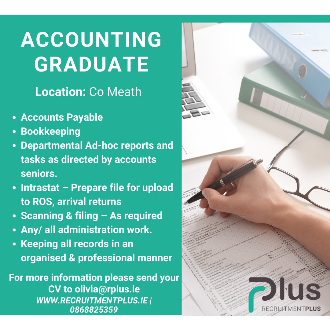 Fantastic opportunity for an Accounting Graduate for a 6 month contract based in Co Meath. Send your CV to olivia@rplus.ie or call 0868825359 today!