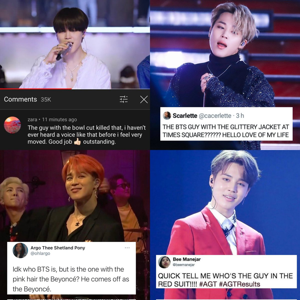 pjmfilmz's tweet photo. • "bowl cut guy"
• "glittery jacket guy"
• "pink haired guy/ Beyonce of the group"
• "red suit guy"

jimin goes viral at every possible event for his vocals, his looks, his stage presence 
jimin is the best performer and commands attention 👏 https://t.co/WFsPk7T3xu