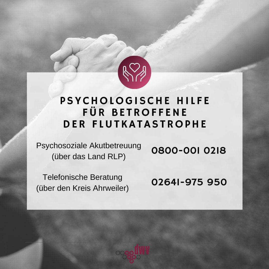 Krisenhilfe Hochwasserbetroffene: 
Sachschäden sind für alle sichtbar, Gefühle wie Hilflosigkeit nicht.
Für den Umgang mit dem Erleben stehen Expert bereit, die zuhören, unterstützen &amp; bei der Verarbeitung helfen können. 
📞 RLP: 0800-0010218
📞 Ahrweiler: 02641-975950