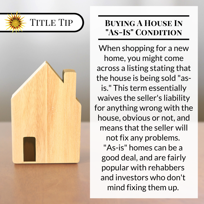 TitleJunction's tweet photo. While home inspections can still be scheduled for "as-is" houses, they're more to let the buyer know what they're signing up for than to point out things that the seller must fix, though discovering previously unknown problems can help with price negotiations. #TitleTipTuesday https://t.co/o9Zdm9Qcb2