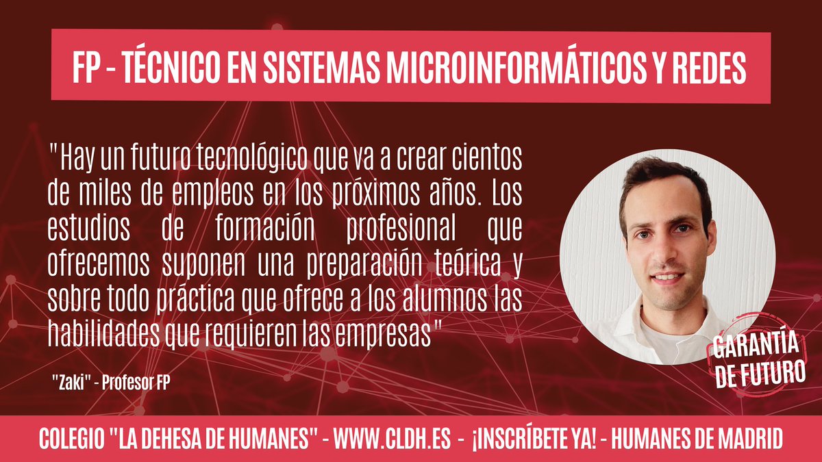 👉 Los profesores de <a href="/CSAHumanes/">Colegio La Dehesa de Humanes</a> del grado de Técnico en Sistemas Microinformáticos y Redes cuentan con amplia experiencia en empresas privadas, conociendo así las necesidades del mercado laboral. 

📣 ¡Plazas disponibles! Inscríbete ya en formacion.profesional@cldh.es

#FPMadrid