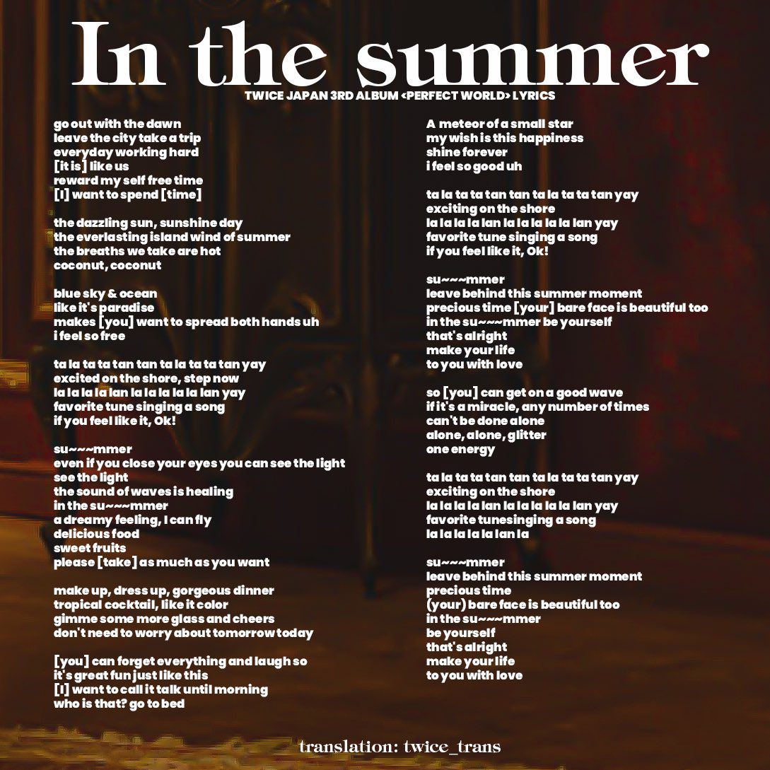 S Tweet Lyrics Trans In The Summer Twice 3rd Japan Album Perfect World Please Give Proper Credits When Using Our Translations Twice Trans We Encourage You To Use These Translations S Tweet Lyrics Trans In The Summer Twice 3rd Japan Album Perfect World Please Give Proper Credits When Using Our Translations Twice Trans We Encourage You To Use These Translations