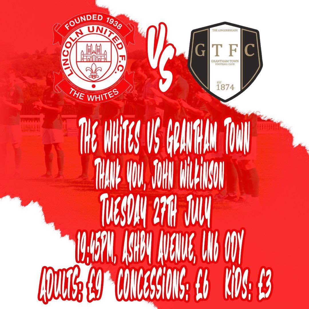 GAME DAY 

⚽️❗️

The Whites Vs Grantham Town - Thank you, John Wilkinson.

⏰ 19:45 KO

📆 Tuesday 27th July 2021

🏡 Ashby Avenue, LN6 0DY

💷 Adults £9 | Concessions £6 | U16’s £3 | U5’s FREE

🍔 Canteen open 

📖 Programmes for sale 

☔️ Covered stands if it rains

#TheWhites