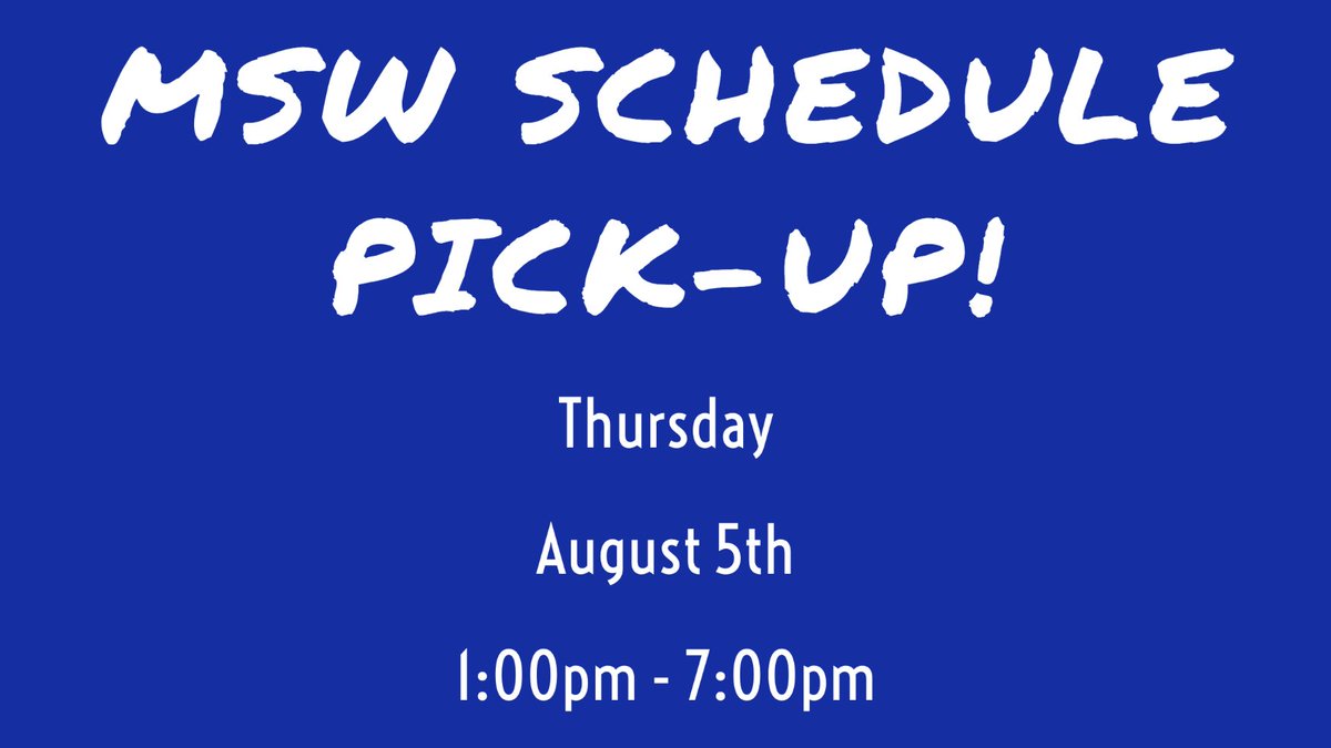 Mark your calendar!  MSW Schedule Pick-Up is next Thursday, August 5th from 1:00pm - 7:00pm.  
We are still looking for a few parent volunteers, so if you'd like to help out, please visit this sign-up genius created by our wonderful PTO!  signup.com/go/ZZfQnNy