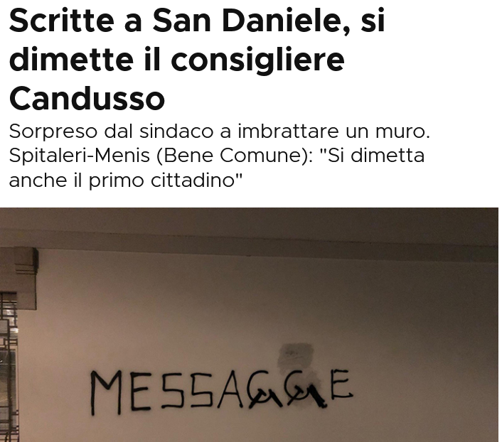 captblicero's tweet photo. La Lega è quel partito che fa le crociate contro i writer, ma poi nelle sue fila c'è un consigliere comunale beccato a imbrattare lo stesso municipio in cui siede. 

(Il caso è successo a San Daniele, Friuli, dove da mesi compaiono scritte antisemite, razziste e misogine) https://t.co/gFE3vL4bfP