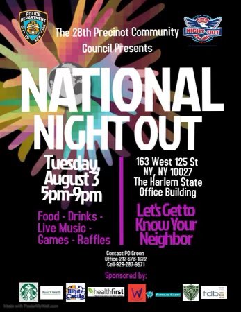 The Frederick Douglass Boulevard Alliance proudly supports the @NYPD28Pct National Night Out on August 3rd from 5:00-9:00PM at the Harlem State Office Building. https://t.co/vSVSj9B1T2