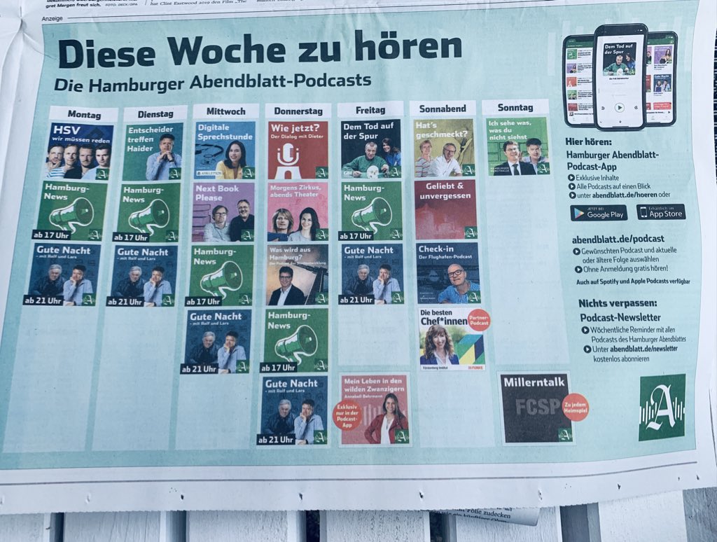 Sie sehen hier, das „Sendeschema“ vom <a href="/abendblatt/">Hamburger Abendblatt</a>. Ziemlich gutes Beispiel, wie Medien verschmelzen, es egal ist, was man historisch mal gemacht hat/noch macht - und wie wichtig es ist, neue Zielgruppen und Geschäftsfelder zu erschließen. 💪🏻