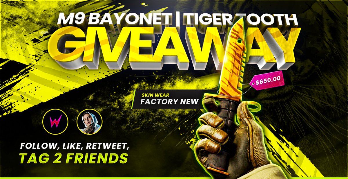 🐯 M9 BAYONET | TIGER TOOTH (FN) GIVEAWAY ($650) 🐯 To enter: - Follow @SkinWorldgg & @LobanjicaCS - RT & Like - Tag one (or more) friend! Ends in 7 days. Good luck everyone! 💛 #CSGOGiveaway