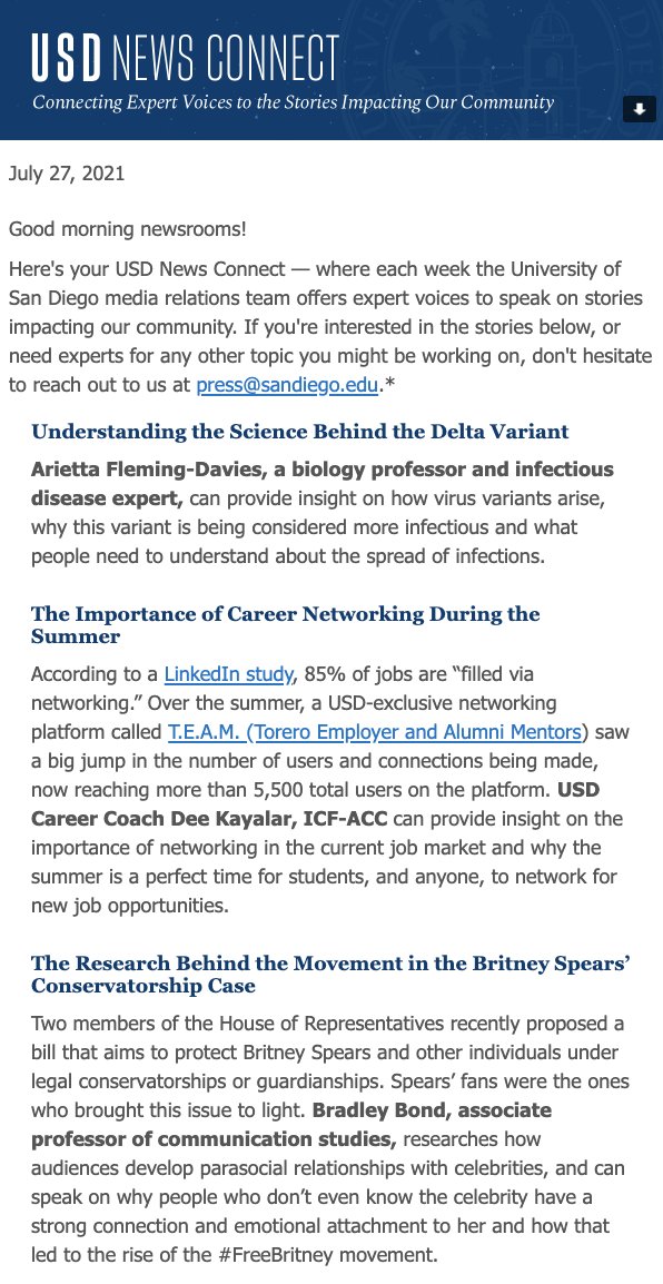 Every Tuesday, our team sends out the #USDNewsConnect newsletter to reporters/producers/newsrooms with story ideas &amp; experts available to discuss those topics. 

If you're interested in subscribing, you can click here: sandiego.edu/communications…

Here's this week's #USDNewsConnect: