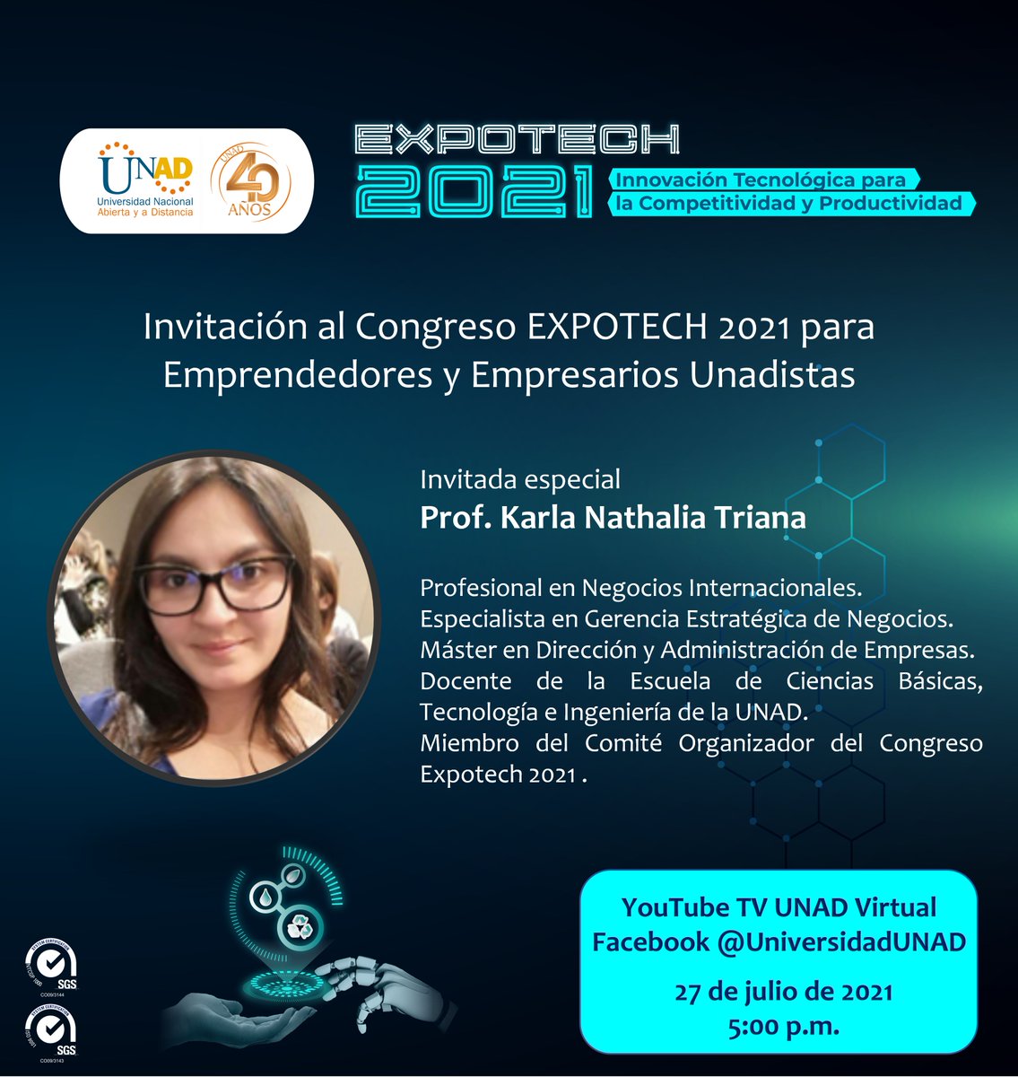 ¿Quieres participar en #expotech2021 como emprendedor o empresario Unadista? Participa en nuestro espacio de socialización con nuestra invitada especial <a href="/kntriana/">Karla Nathalia Triana</a> Hoy 5:00 p.m. por <a href="/TvUnadVirtual/">TvUnadVirtual</a> y Facebook de la <a href="/UniversidadUNAD/">Universidad UNAD</a> ¡Te esperamos! <a href="/RedestUNAD/">RedDEstudiantes UNAD</a> <a href="/RedEUNAD_/">Red de Egresados UNAD - RedEUNAD</a> @ECBTI_ZCBC