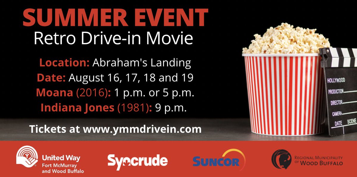 Get your tickets for this ✨Retro Drive-in Movie ✨event!

Presented by <a href="/Suncor/">Suncor</a> <a href="/SyncrudeCanada/">Syncrude Canada Ltd.</a>, and <a href="/RMWoodBuffalo/">rmwoodbuffalo</a> in support of United Way! 

🎟: $25 per vehicle and can be purchased at ymmdrivein.com