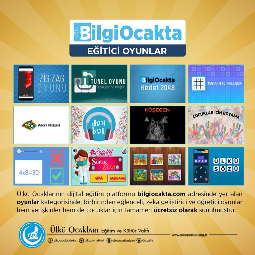 Ülkü Ocaklarının dijital eğitim platformu bilgiocakta.com adresinde yer alan oyunlar kategorisinde; birbirinden eğlenceli, zeka geliştirici ve öğretici oyunlar hem yetişkinler hem de çocuklar için tamamen ücretsiz olarak sunulmuştur.