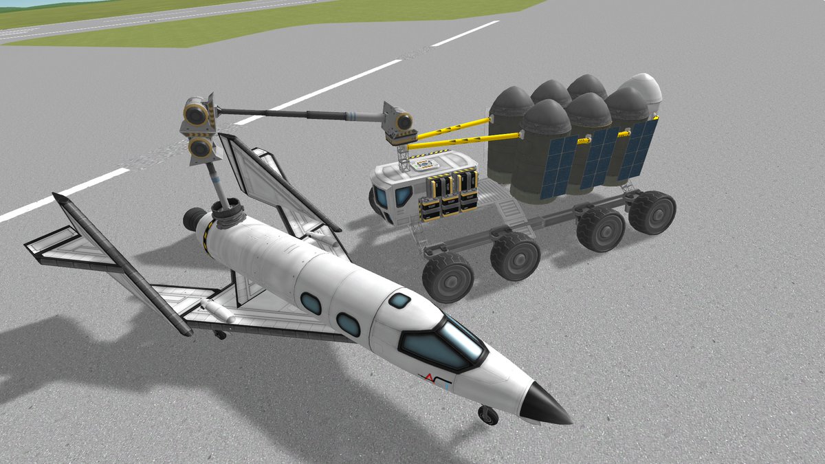 BLTCbacongaming's tweet photo. @KerbalSpaceP You don't need to reach orbit to have some Zero-G fun! Here is my suborbital spaceplane being fuelled up for its next flight! Of course its mostly based on SpaceShipTwo. https://t.co/C788Z0nmFQ