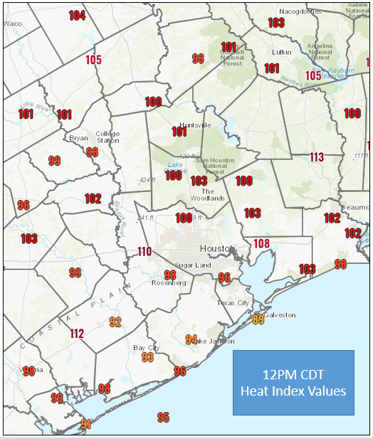 NWSHouston's tweet photo. 12PM Update: It's getting hot outside. Heat Index values are starting to climb this afternoon for all but the coast. Lingering clouds there (from earlier offshore storms) should burn off there shortly. Stay hydrated and  #LookBeforeYouLock #bcswx #houwx #glswx #txwx https://t.co/lvP0PcSilf