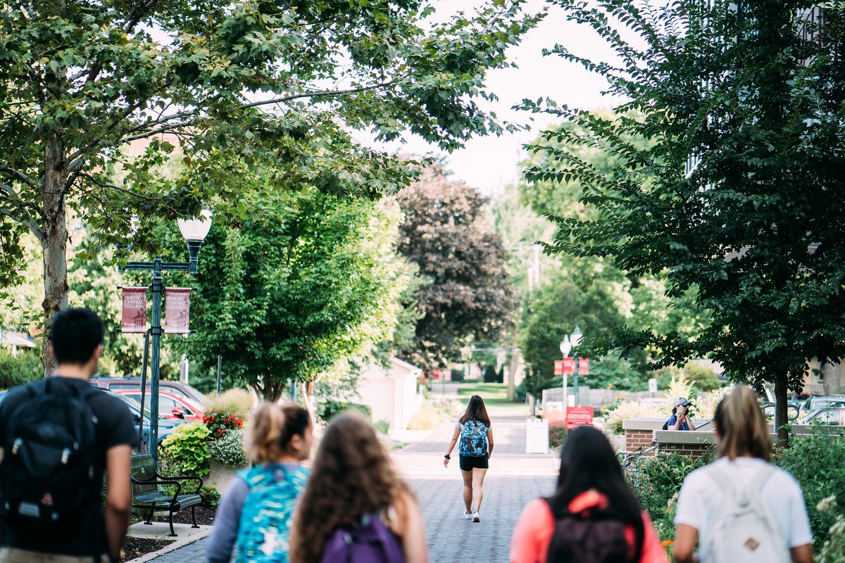 A photo of North Central College students walking down the path on campus. Around them are big, green trees. 
