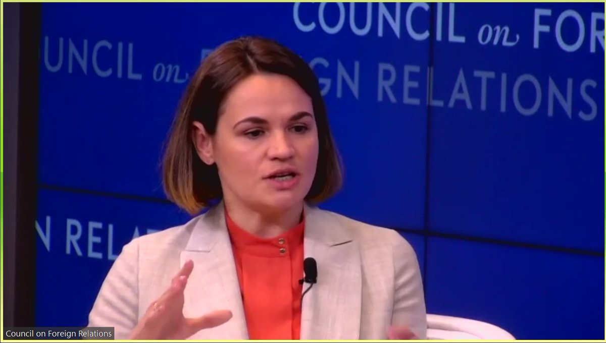 At <a href="/CFR_org/">Council on Foreign Relations</a> in NY, Belarus opposition leader Sviatlana <a href="/Tsihanouskaya/">Sviatlana Tsikhanouskaya</a> says she thinks the Kremlin would like to get rid of President Lukashenko but doesn't know how. She urges pro-democracy governments to ignore him so as not to legitimize him but to work through other officials.