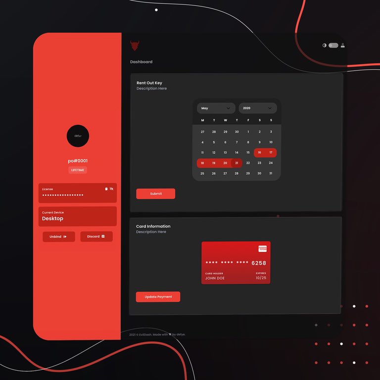 defyeus's tweet photo. Our latest project for Evildash features a minimalistic yet practical user-dashboard.

🗓️ The top panel features a calendar that allows users to rent out their key with ease 

💳 The bottom panel allows users to update their card information with a few quick clicks! https://t.co/VaMZwgEPrC