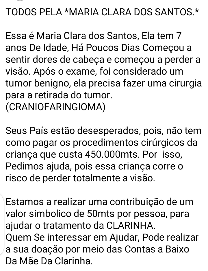 Senhorchaua's tweet photo. AJUDEMOS A CLARINHA!!!
Por favor🙏🏽🙏🏽🥺🥺

*M-PESA/Ponto 24 👇🏿
857582473 - JULIETA SIMÃO (MÃE DA CLARINHA)
Retweet please!!!! https://t.co/LvXMUkpPjg