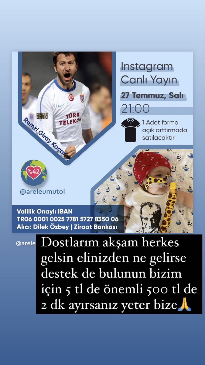 21;00 da İnstagramım da canlı yayında Arel bebeğimize umut olmak için sizleri de bekliyorum ❤️

Onur kıvrak forması ve Trabzonspor forması vericem inşallah canlı yayında🔴🔵