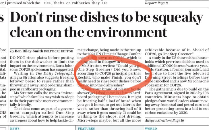 carltonreid's tweet image. UKGOV’s planet-saving “tip” not to rinse plates before placing in a dish washer is from a COP26 “principal partner.” Or, in other words: “fee paying sponsor.” This last-chance climate conference is a marketing opportunity? #greenwashing #wreckit