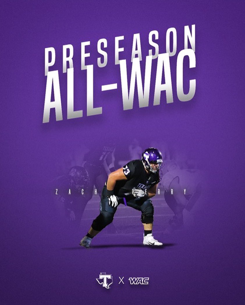 TarletonFB's tweet photo. Named to the Preseason All-WAC Offense is Zach Perry!

@1Zach1997 played in seven games in the spring on an offensive line that allowed just 1.38 sacks per game, a mark that would have put Tarleton 20th in the FCS if not for the reclassification period. https://t.co/kWXAy7LPL0