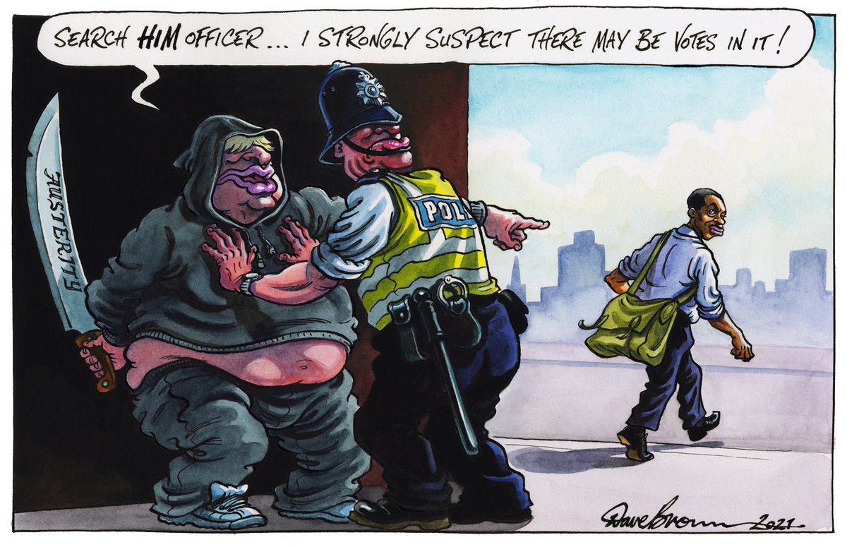 Dave Brown's @Independent cartoon... #BorisJohnson #StopAndSearch #BeatingCrimePlan #Austerity #PoliceCuts #Racism – political cartoon gallery in London original-political-cartoon.com