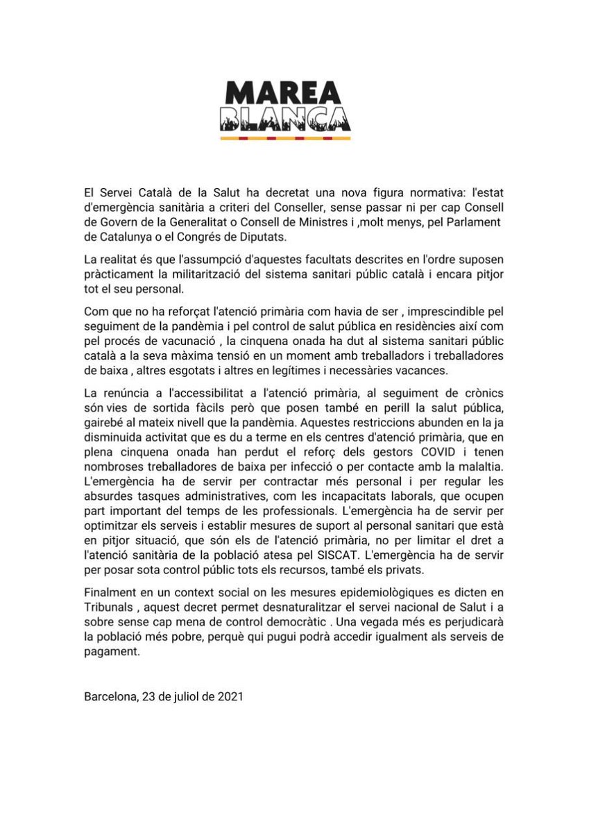 No podemos permitir que recorten a costa de nuestra salud. Tres meses solo de urgencias para "optimizar recursos"? Hace ya mucho tiempo que debería haberse dotado de recursos suficientes y no tener que elegir entre grave y menos grave. #mareablanca #sanitatpublica #foraresolucio