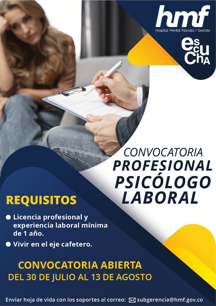 HOSPITALMENTALF's tweet photo. Actualmente en la E.S.E Hospital Mental de Filandia requerimos un profesional psicólogo laboral.
Si cumples con el perfil, envíanos tu hoja de vida al correo: subgerencia@hmf.gov.co
¡Haz parte de nuestro equipo!
#HMFteescucha
#ConvocatoriaLaboral
#Quindío
#EjeCafetero https://t.co/v3mT4vo9sK