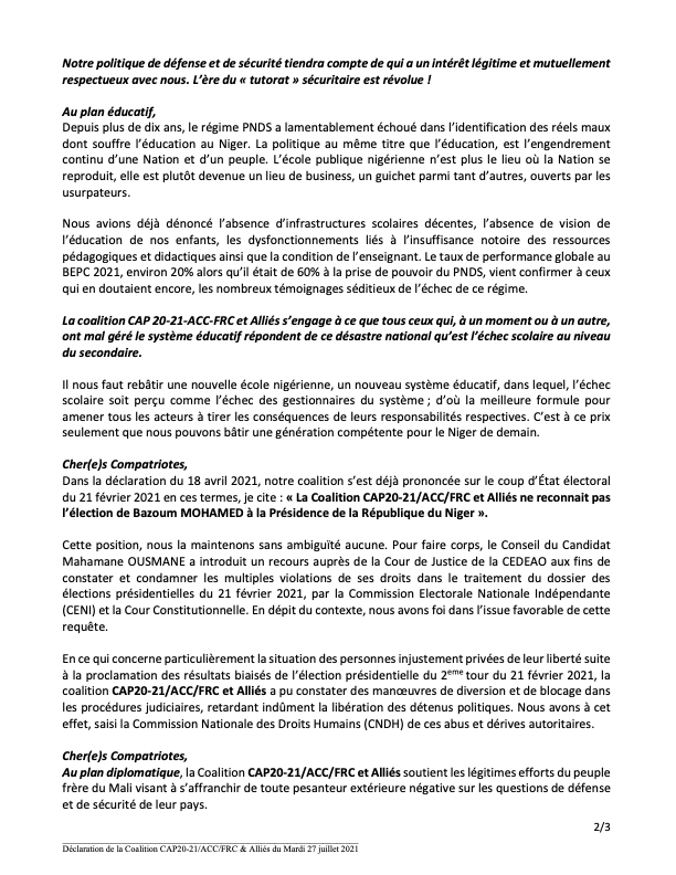 RDRTchanji's tweet photo. Déclaration de la Coalition pour une Alternance Politique (CAP20-21), de l’Alliance des Candidats pour le Changement (ACC), du Front Républicain pour le Changement (FRC) &amp; Alliés du 27 juillet 2021 #Niger https://t.co/l7lZcs7uRi