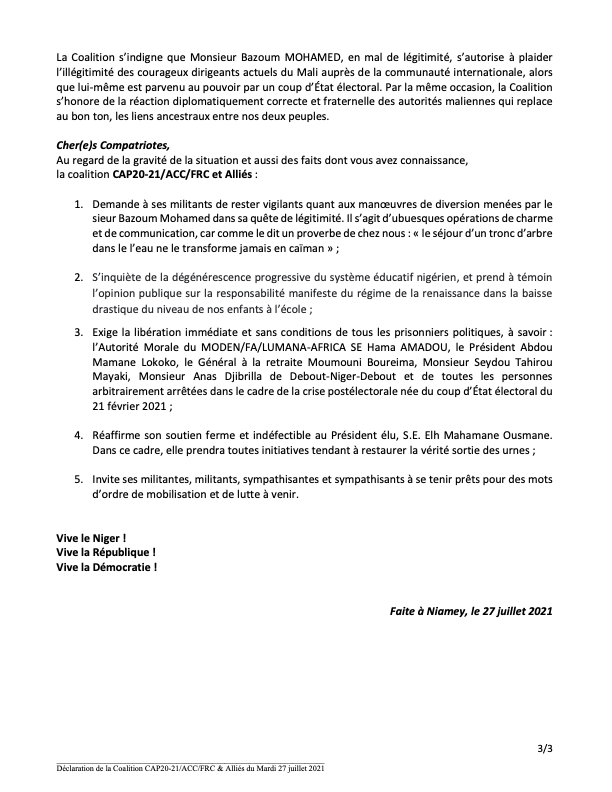 RDRTchanji's tweet photo. Déclaration de la Coalition pour une Alternance Politique (CAP20-21), de l’Alliance des Candidats pour le Changement (ACC), du Front Républicain pour le Changement (FRC) &amp; Alliés du 27 juillet 2021 #Niger https://t.co/l7lZcs7uRi