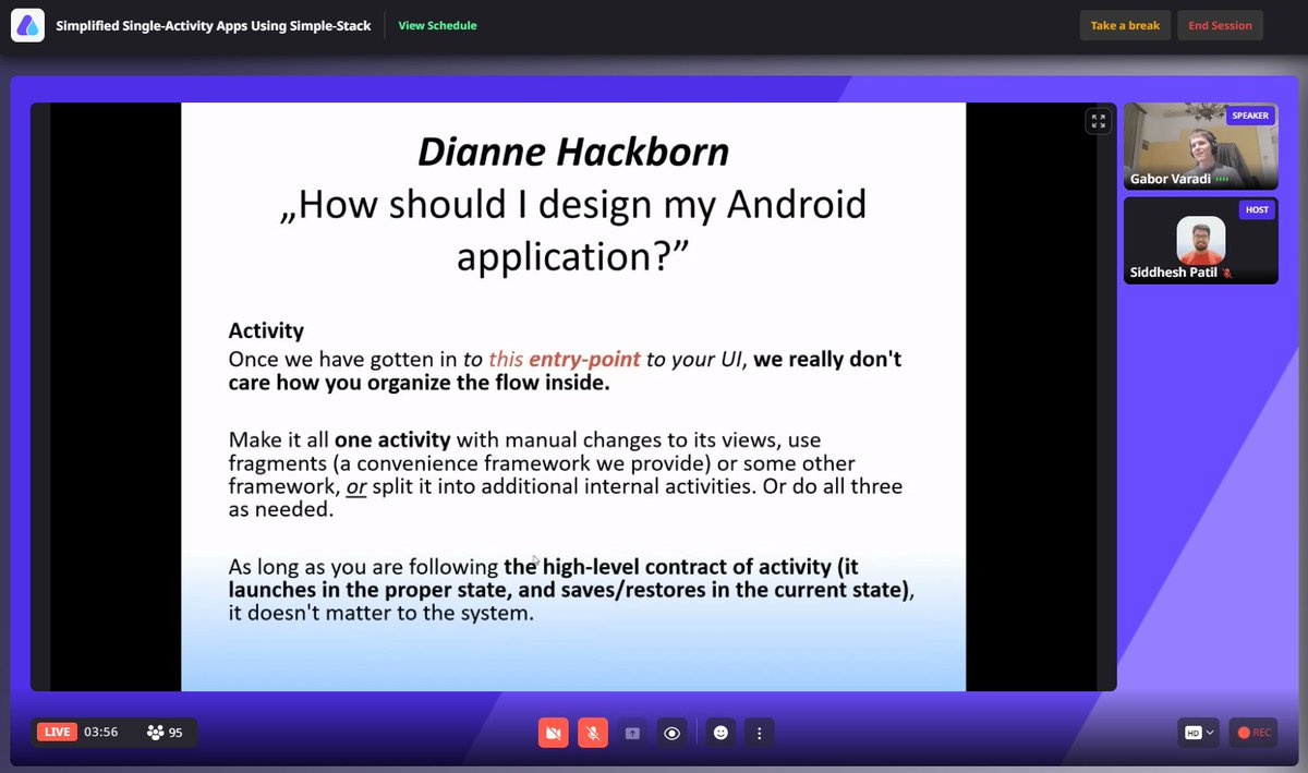 siddroid's tweet photo. If you have to start a talk on Activities in Android. Start it with a quote from @hackbod ๐ฏ
@Zhuinden is talking about single-activity apps using simple stack! at @androidww_
Join us here ๐ https://t.co/UWoA9DMkgv
#AndroidDev #AndroidWorldwide https://t.co/QQPu3uCV3b