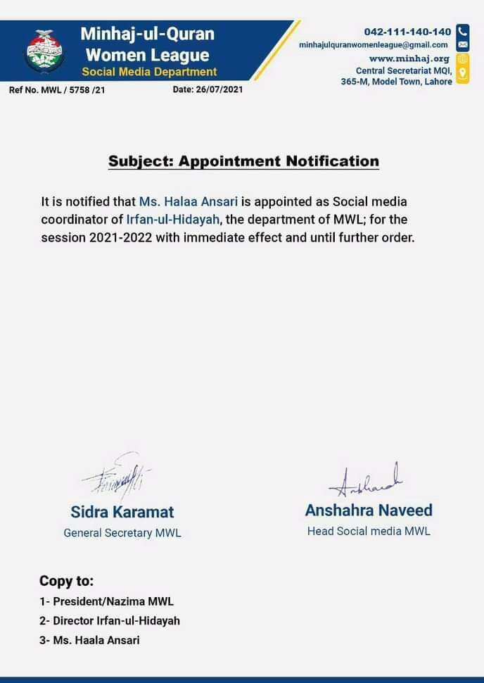 AnsariHalaa's tweet image. Thankyou so much @MinhajSisMWL for giving me this opportunity to serve The Mustafvi Mission. I will try to fulfill my all responsibilities. Inshallah 
#Halaa_HS