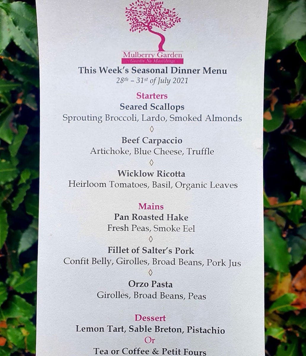 ⭐️We are delighted to be posting this weeks 3 course Dinner Menu⭐️
We will continue to offer some limited outdoor dining with our garden menu! #mulberrygarden #casualfinedining #indoordining #dublinrestaurants