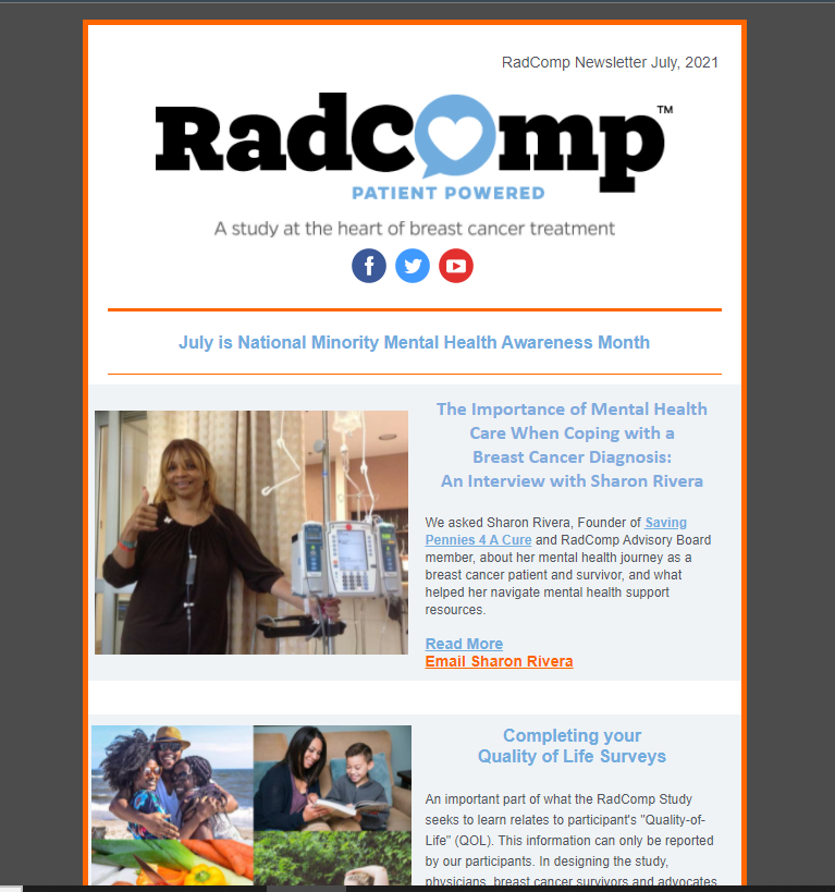 TheRadCompStudy's tweet photo. Check out the RadComp Study July Newsletter, including a special feature on mental health during &amp; after #breastcancer treatment from stakeholder Sharon Rivera-Sanchez of @SP4acure 
 https://t.co/cL266BGbZq
#RadComp #bcsm @PCORI https://t.co/1JxofcxSCh