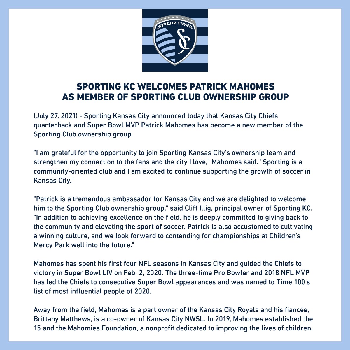 SportingKC's tweet photo. Fútbol 💙 Football

Welcome @PatrickMahomes to the Sporting ownership family.

#SportingKC | #OneSportingWay https://t.co/zpQR2zmrZN