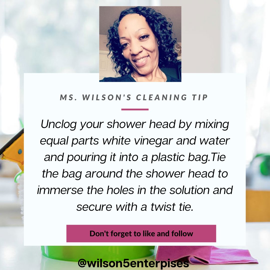 Cleaning Tip: Restore your shower pressure by unclogging your shower head. Use equal parts of white vinegar &amp; water and pour it into a plastic bag. Tie the bag around the shower head and secure with a twist tie. Let it soak for up to an hour and wipe away the loosened build up.